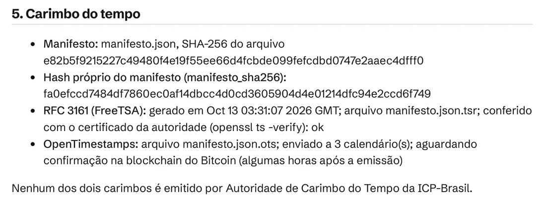 Seção do relatório com o carimbo do tempo em duas fontes independentes