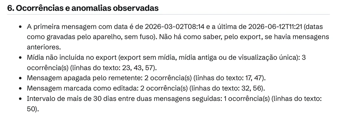 Seção do relatório com mensagens apagadas, editadas e mídias ausentes, com as linhas do arquivo