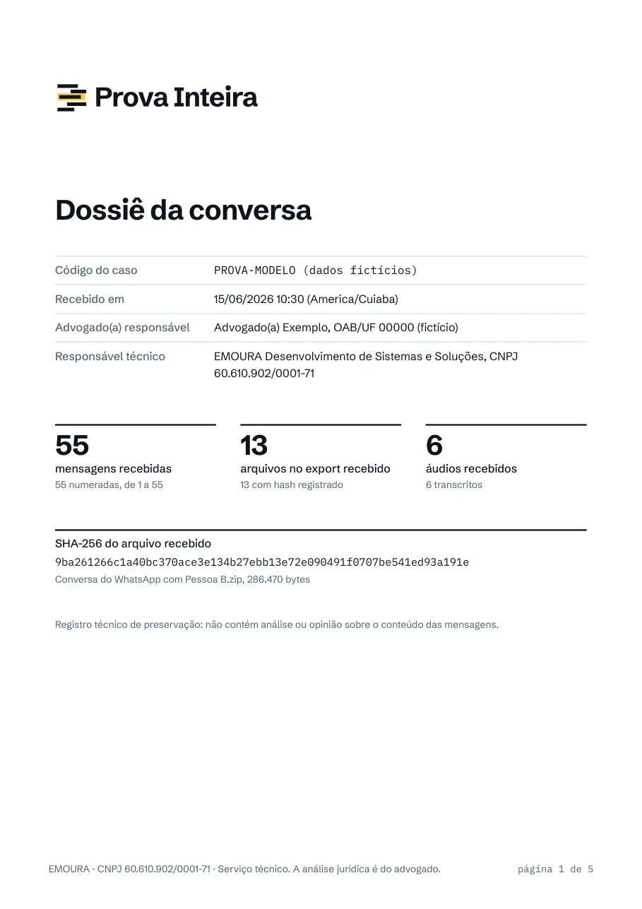 Capa do dossiê-modelo com a ficha do caso, as contagens de mensagens, arquivos e áudios e o hash do arquivo recebido